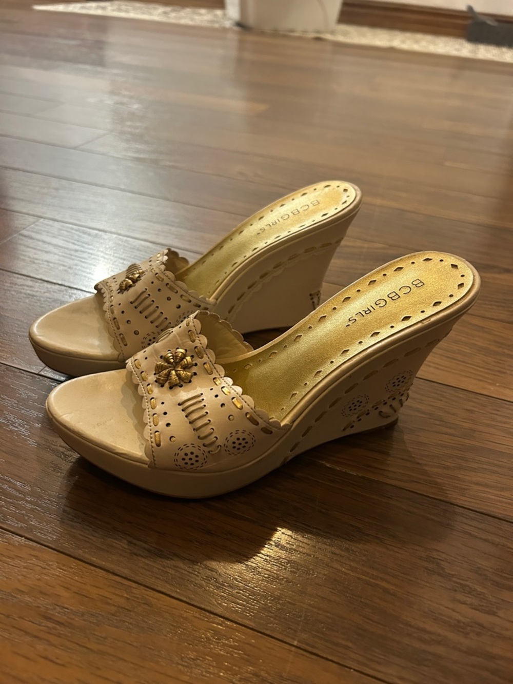 BCBGirls Beige Perforated Wedge Slide Sandals with Gold Accent